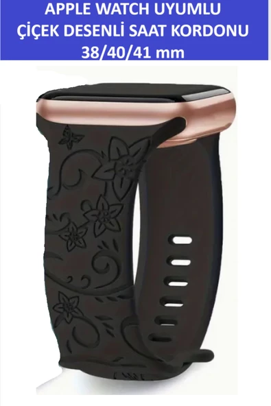ZETCONCEPT Apple Watch 4 5 6 7 8 9 10 Se 38 40 41mm Siyah Çiçek Desenli Kordon Kayış Kaliteli Silikon Bileklik ürün görseli 1
