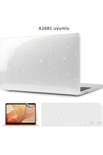 Macbook Air 13.6 Inç M2 M3 M4 Çip A2681 A3113 A3240 Uyumlu Alt Üst Kılıf Klavye Ve Ekran Koruyucu  Simli ürün görseli 1