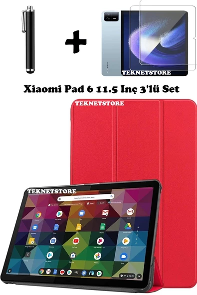 Xiaomi Pad 6 11 Inç 2023 Uyumlu Flip Smart Standlı Uyku Modlu Tablet Kılıfı + Ekran Koruyucu + Kalem  KIRMIZI ürün görseli 1