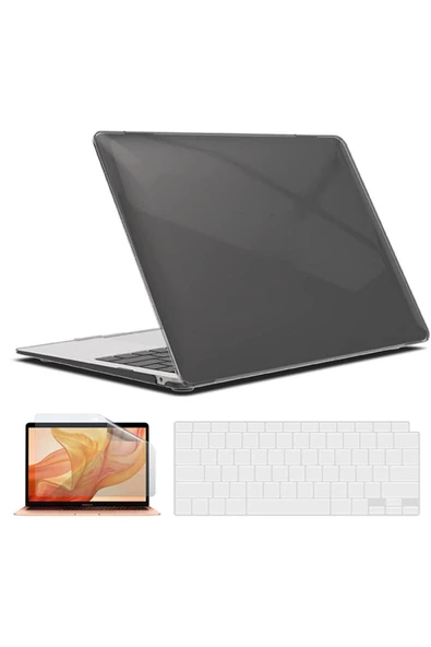 Macbook Air 13 Inç M1 Çip A2337 Tam Uyumlu Alt Üst Kılıf + Klavye Kılıfı + Ekran Koruyucu Film  SİYAH ürün görseli 1