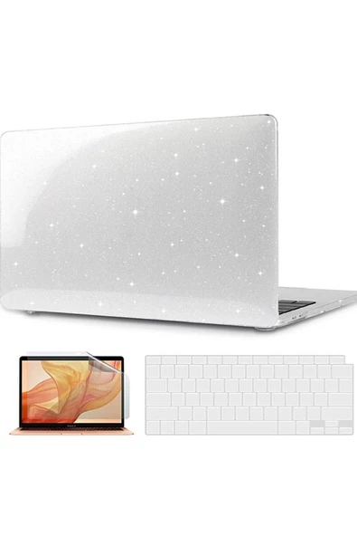 Macbook Air 13 Inç M1 Çip A2337 Tam Uyumlu Alt Üst Kılıf + Klavye Kılıfı + Ekran Koruyucu Film  Simli ürün görseli 1