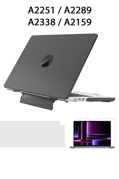 Macbook Pro 13 M1-m2 Çip A2251-a2289-a2338-a2159 Uyumlu Standlı Kılıf + Klavye Kılıfı Ekran Koruyucu  Siyah ürün görseli 1