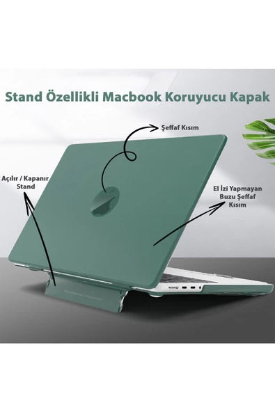 Macbook Air 13.6" M2-m3 Çip 2022/2024 A2681 A3113 Uyumlu Standlı Şeffaf İz Bırakmayan Koruyucu Kapak  Koyu Yeşil ürün görseli 1