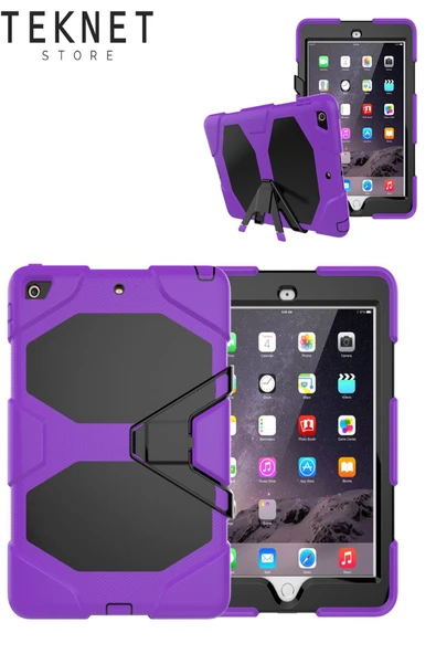 Apple Ipad 5. 6. Nesil 2017 2018 9.7" Inc Kılıfı Defender Tank Zırh Silikon Kılıf Ekran Koruyuculu  Mor ürün görseli 1