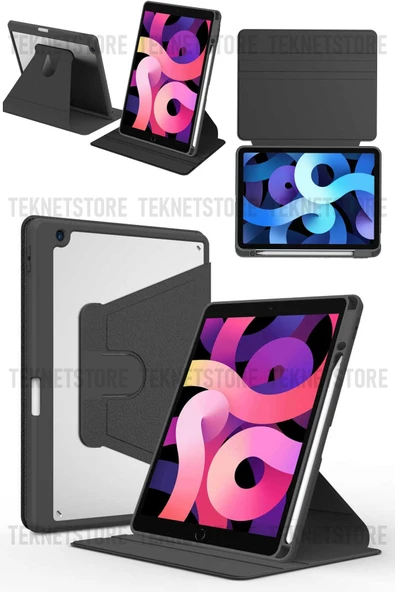 Apple Ipad 10.2 8. Ve 9. Nesil 2020/2021 Kılıf Kalemlikli 360 Dönebilen Standlı Şeffaf Tablet Kılıfı  Siyah ürün görseli 1