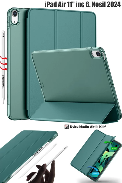 Ipad Air 6 11 Inç M2 Çip 2024 Uyumlu Tablet Kılıfı İnce Tasarım Smart Cover Standlı Akıllı Kapak  Koyu Yeşil ürün görseli 1