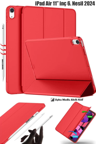 Ipad Air 6 11 Inç M2 Çip 2024 Uyumlu Tablet Kılıfı İnce Tasarım Smart Cover Standlı Akıllı Kapak  Kırmızı ürün görseli 1