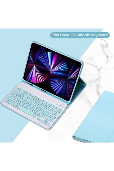 Ipad 8. ve 9. Nesil 2020 /2021 10.2 Inç Tablet Uyumlu Bluetooth Klavyeli Kılıf (Türkçe Klavye)  MAVİ ürün görseli 1