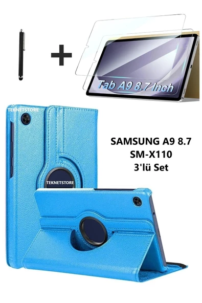 Samsung Galaxy Tab A9 8.7 Inç Tablet Uyumlu 360 Döner Pu Deri Kılıf Seti Sm-x110  MAVİ ürün görseli 1