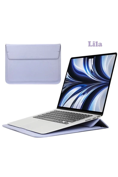 Apple Macbook Pro 14 inç M3 A2992 A2918 Uyumlu Deri Mıknatıslı Çanta Stantlı Şık Tasarım  Lila ürün görseli 1