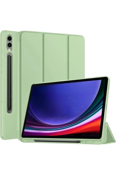 Samsung Galaxy Tab S9+ Fe Plus 12.4 Uyumlu Kılıf Uyku Modlu Pu Deri Arkası Silikon Kalem Bölmeli  Açık yeşil ürün görseli 1