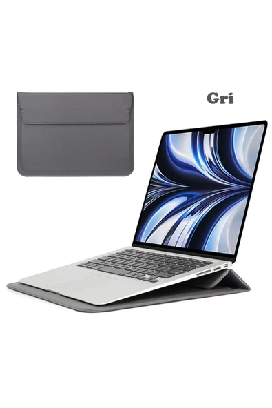 Macbook Air 13.6 M2 M3 M4 Çip 2022 2024 2025 A2681 A3113 A3240 Uyumlu Çanta Pu Deri Stantlı Tasarım  Koyu Gri ürün görseli 1