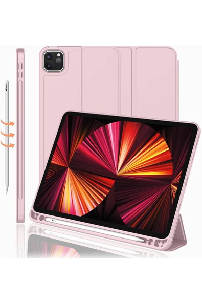 Apple Ipad Pro 4. Nesil M2 2022 11 Inç Tablet Uyumlu Kılıf Uyku Modlu Kalem Bölmeli Silikon Koruyucu  PUDRA PEMBESİ ürün görseli 1