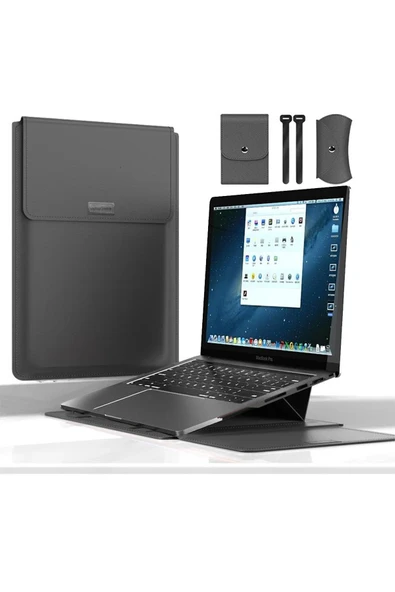 Huawei Matebook D14Uyumlu Kılıf Deri Mıknatıslı Standlı Taşıma ve Çalışma Çantası  13 - 14,9 inç GRİ ürün görseli 1