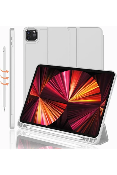 Apple Ipad Pro 4. Nesil M2 2022 11 Inç Tablet Uyumlu Kılıf Uyku Modlu Kalem Bölmeli Silikon Koruyucu  AÇIK GRİ ürün görseli 1