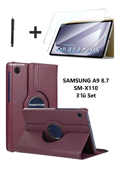 Samsung Galaxy Tab A9 8.7 Inç Tablet Uyumlu 360 Döner Pu Deri Kılıf Seti Sm-x110  MOR ürün görseli 1