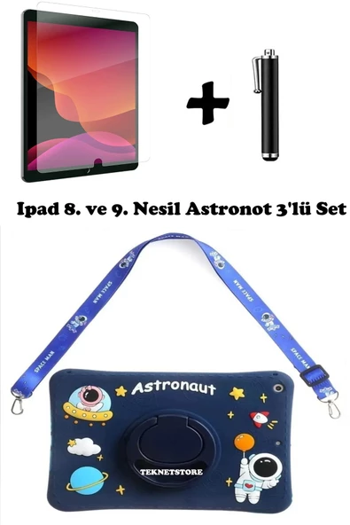 Ipad 8. Ve 9. Nesil 10.2 Inç 2020 / 2021 Uyumlu Kedi Kılıf Standlı Askılı Eğlenceli 3'lü Set  MAVİ ürün görseli 1