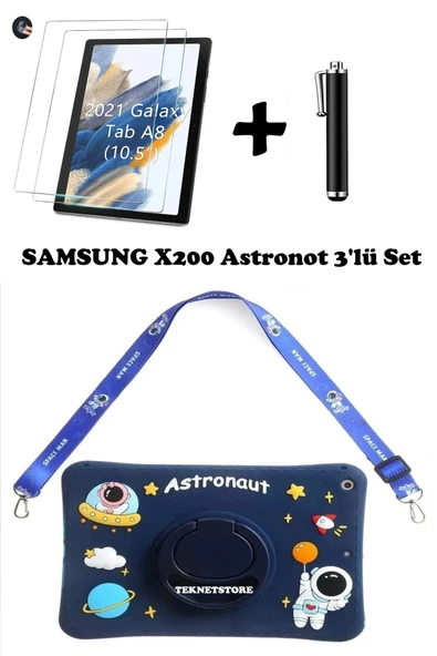 Samsung Galaxy Tab A8 10.5 (2021) Sm-x200 Uyumlu Kedi Kılıf Çocuk Kılıfı Askılı Standlı 3'lü Set  MAVİ ürün görseli 1