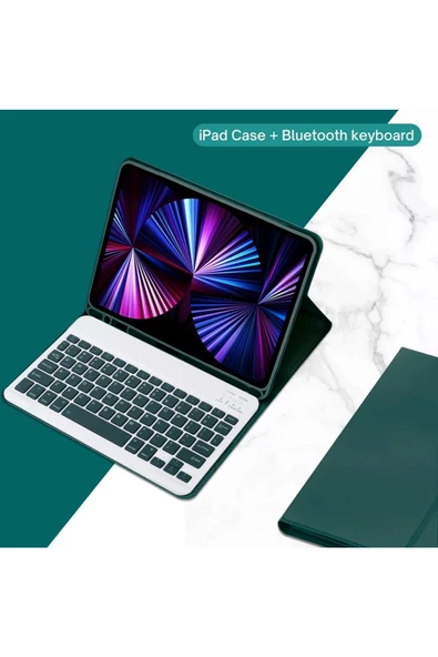Apple Ipad Pro 4. Nesil M2 2022 11 Inç Uyumlu Bluetooth Klavyeli Kılıf Kalem Bölmeli (TÜRKÇE KLAVYE)  KOYU YEŞİL ürün görseli 1