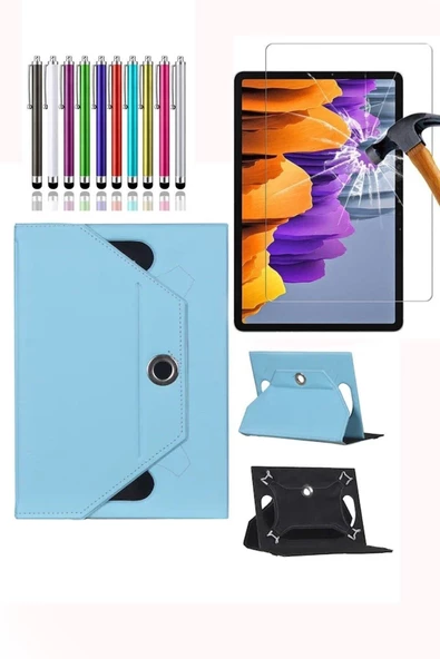 Samsung Galaxy Tab A9+Plus X210 X215 X217 Universal Dönerli Standlı Kılıf + Ekran Koruyucu + Kalem  turkuaz ürün görseli 1