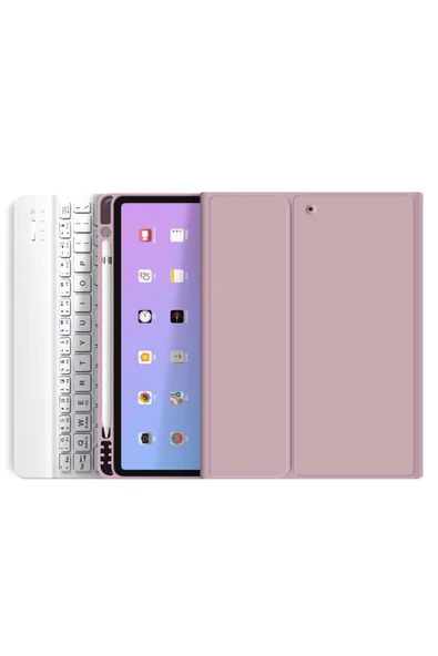 Apple Ipad Pro 4. Nesil M2 2022 11 Inç Uyumlu Bluetooth Klavyeli Kılıf Kalem Bölmeli (TÜRKÇE KLAVYE)  PEMBE ürün görseli 1
