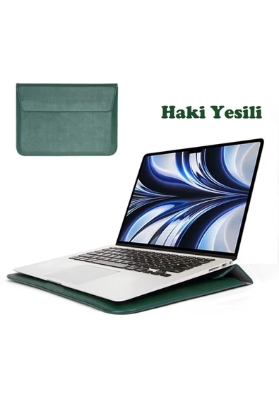 Apple Macbook Air M2 15 Inç 2023 M2 Çip A2941 Uyumlu Deri Mıknatıslı Çanta Stantlı Şık Tasarım  Haki ürün görseli 1