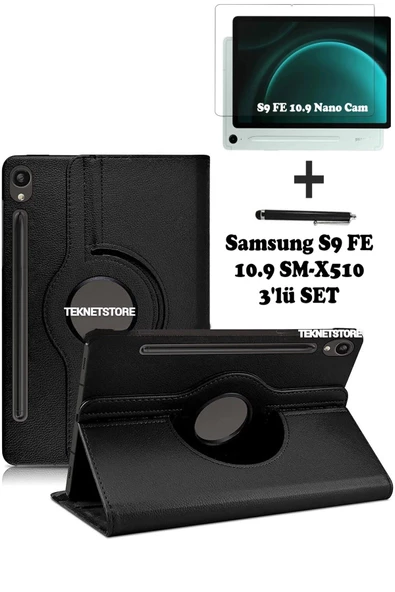 Galaxy Tab S9 Fe/s10 Fe/S10 Lite 10.9 Uyumlu Kılıf Dönen Ekran Koruyucu Dokunmatik Kalem 3'Lü Set  SİYAH ürün görseli 1