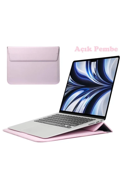 Apple Macbook Air M2 15 Inç 2023 M2 Çip A2941 Uyumlu Deri Mıknatıslı Çanta Stantlı Şık Tasarım  Açık Pembe ürün görseli 1