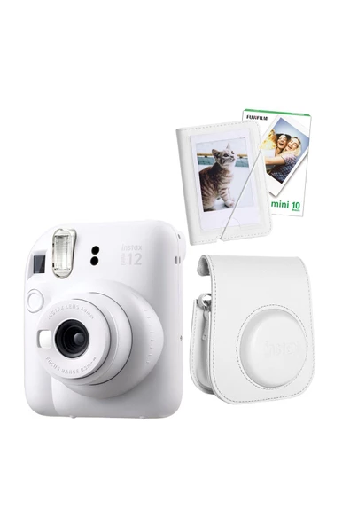 Instax Mini 12 10 Filmli Mini Albüm ve Deri Kılıflı Beyaz Fotoğraf Makinesi ürün görseli 1
