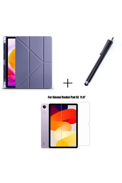 Xiaomi Redmi Pad SE Uyumlu Kalem Bölmeli Standlı Kılıf + Ekran Koruyucu + Kalem 3'lü Set  Mor ürün görseli 1
