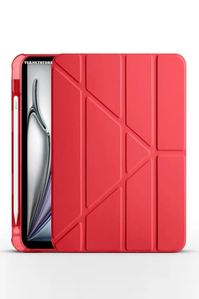İpad Air 11" M3 (2025) / M2 (2024) / Air 10.9" (2022/2020) Kılıf Kalem Şarj Bölümü Uyku Modu Standlı  Kırmızı ürün görseli 1