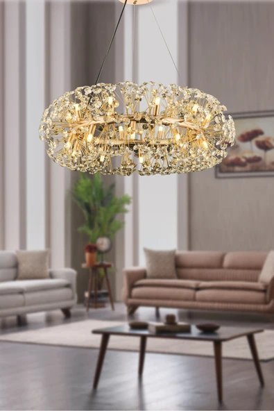 burenze Luxury Exclusive Collection Modern Kristal Taşlı Sarkıt Avize Gold Sarı 50 Cm Çap ürün görseli 1