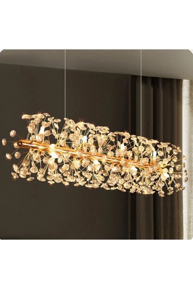 burenze Luxury Collection Modern Sarkıt Kristal Taşlı Avize Yemek Masası Elips Gold Sarı 100 Cm ürün görseli 1