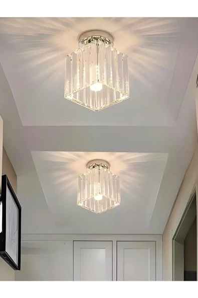 burenze Modern Tasarım Lüks Kristal Taşlı Avize Kare Hol Antre Oturma Odası Avizesi Krom Gümüş ürün görseli 1
