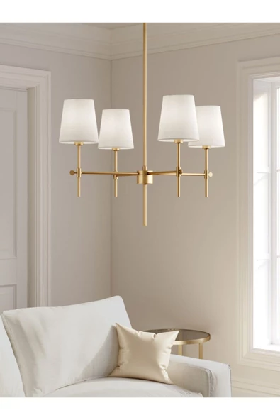 Fico Home Modern Tasarım Eskitme Gold Avize 4 Kollu Krem Abajur Salon Oturma Odası Avizesi ürün görseli 1