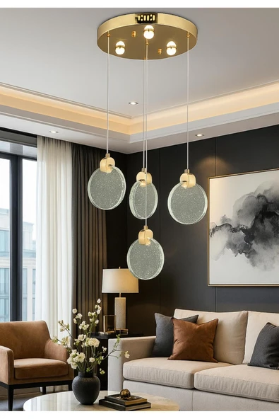 burenze Luxury Modern Sarkıt Dörtlü Power Led Avize Kristal Boncuklu Camlı Gold Sarı ürün görseli 1