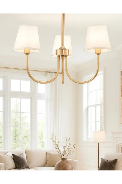 Fico Home Modern Avize Eskitme Gold Sarı Avize 3 kollu Krem Şapkalı E-27 Duy ürün görseli 1