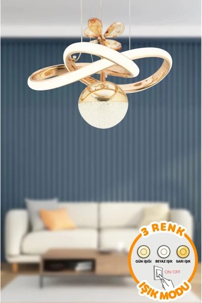 burenze Modern Tasarım Kademeli 3 Renk Corto Sarkıt Led Avize Kristal Taşlı Toplu Ledli Avize Gold Sarı ürün görseli 1