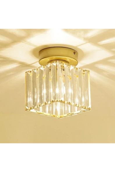 burenze Modern Tasarım Lüks Kristal Taşlı Avize Kare Hol Antre Oturma Odası Avizesi Eskitme Gold Sarı ürün görseli 1