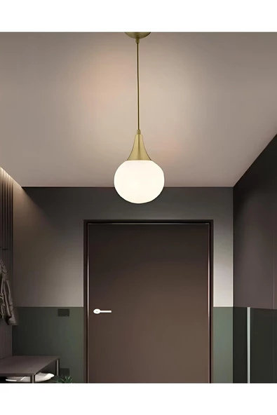 burenze Modern Beyaz Glop Camlı Avize Tekli Sarkıt Salon Oturma Odası Hol Antre Mutfak Avize Eskime Gold ürün görseli 1