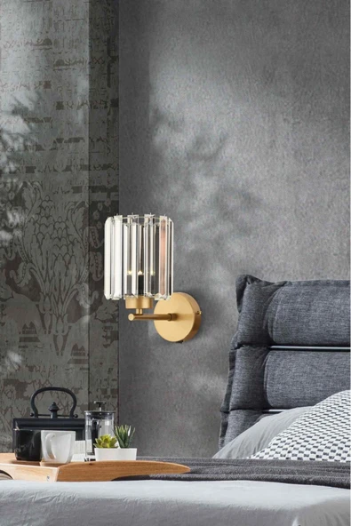 burenze Modern Tasarım Kristal Taşlı Duvar Aplik 1 adet Elektrikle Çalışır Eskitme Gold Gövde ürün görseli 1