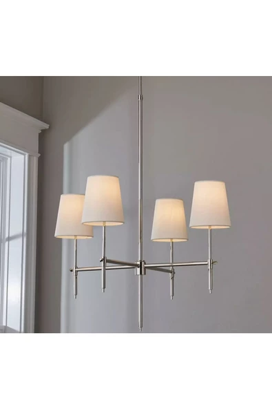 Buiva Modern Tasarım Krem Abajur 4 Kollu Avize Krom Gümüş Salon Oturma Odası Avizesi ürün görseli 1