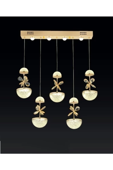 burenze Gold Sarı Luxury Modern Sarkıt Kelebek Taşlı Beşli Sıralı Led Avize ürün görseli 1