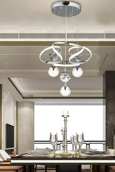 burenze Lüks Modern Salon Mutfak Oturma Odası Avize Kristal Taşlı Led Avize Krom Ledli Avize ürün görseli 1