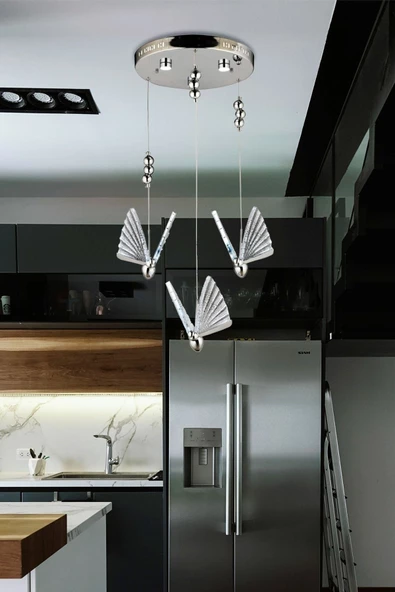 burenze Elegance Modern Kelebek Üçlü Sarkıt Led Avize Krom Ledli Kelebek Avize ürün görseli 1