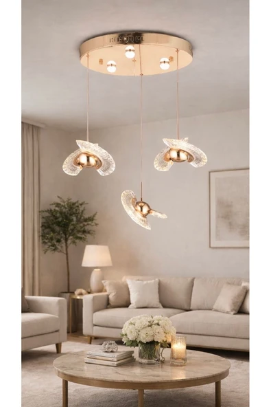 burenze Modern Luxury Exclusive Crystal Üçlü Led Avize Gold Sarı Ledli Avize ürün görseli 1