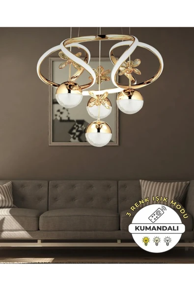 burenze Dimmerli Kumandalı 3 Renk Modern Kristal Taşlı Salon Mutfak Oturma Odası Avize Gold Sarı Led Avize ürün görseli 1