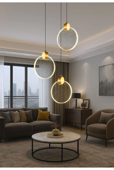 burenze Luxury Modern Üçlü Yuvarlak Sarkıt Kristal Camlı Led Avize Gold Sarı Ledli Avize ürün görseli 1