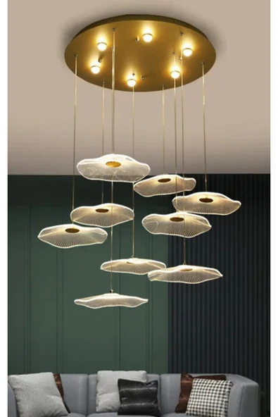 burenze Luxury Exclusive Dokuzlu Yuvarlak Sarkıt Led Avize Jellyfish Gold Sarı 9'lu Ledli Avize ürün görseli 1