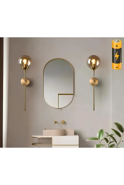 burenze Modern Tasarım Bal Camlı Pilli Aplik Kablosuz Tak Çalıştır Aç Kapa Butonlu Eskitme Gold Sarı ürün görseli 1